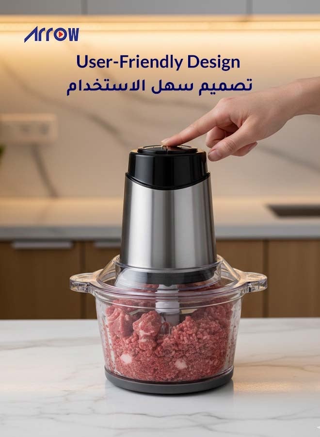 Arrow 2 Litre Glass Bowl Chopper, 500W | Stainless Steel Double Blade | Two Liter Glass Bowl | Stainless Steel Body | White Color |Two Speeds | Safety switch |Easy Cleaning | Model Name: RO-FPW02L1 - Image 4